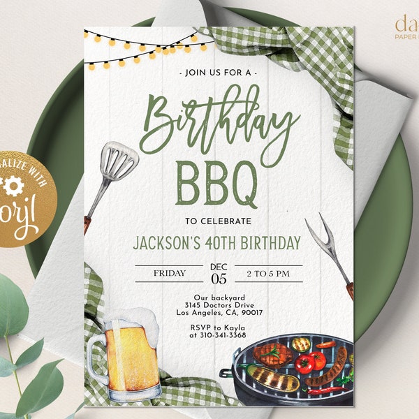 BBQ Birthday Invitation, EDITABLE Green Gingham Backyard Party Template, Outdoor Barbecue Grill Invite, Printable Adult Summer Cookout KP190