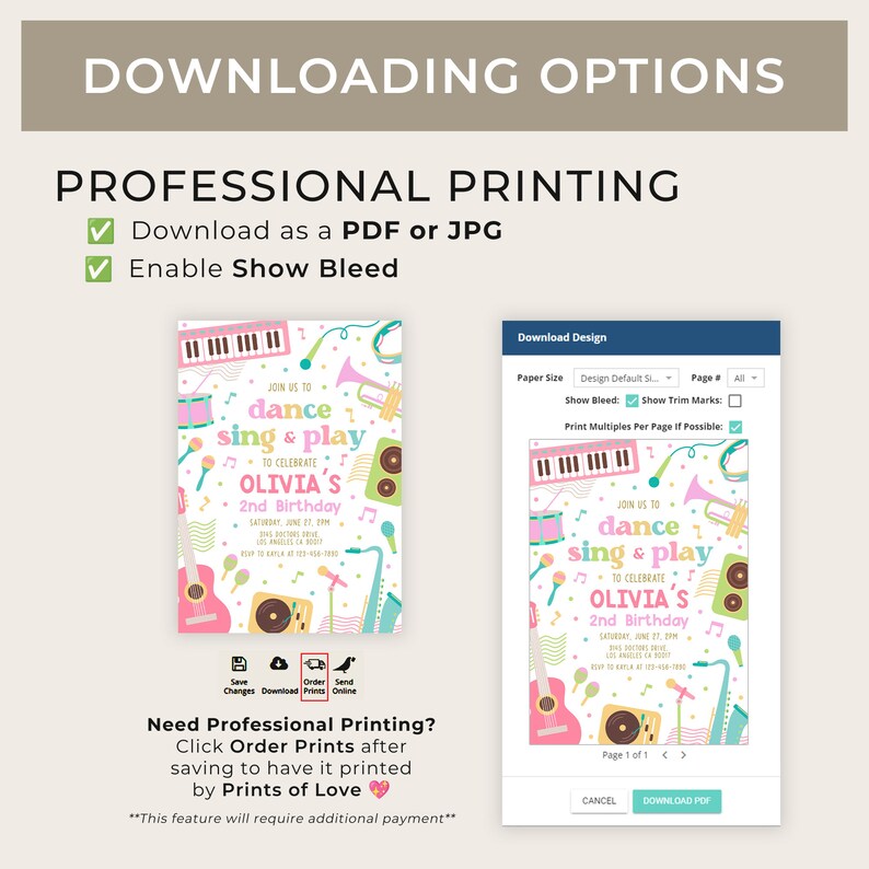 May include: A printable invitation for a child's 2nd birthday party. The invitation features a colourful design with musical instruments and the text "Join us to dance sing & play to celebrate Olivia's 2nd Birthday".