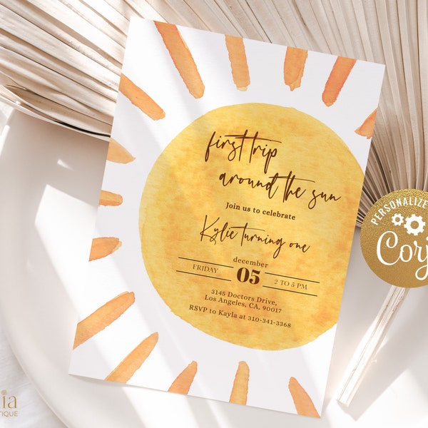 Boho Sunshine Birthday Invitation, First Trip Around The Sun, Editable Little Sunshine Party Template, 1st Birthday Digital Invite, KP115