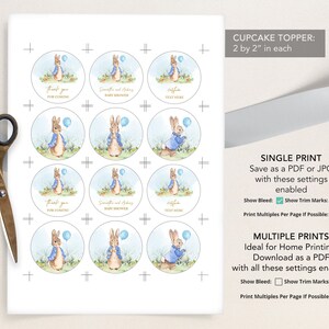May include: Nine 2-inch round cupcake toppers featuring a watercolor illustration of Peter Rabbit holding a blue balloon. The toppers have different text, including "Thank you for coming", "Smith and Adams Baby Shower", and "Caption Text Here".