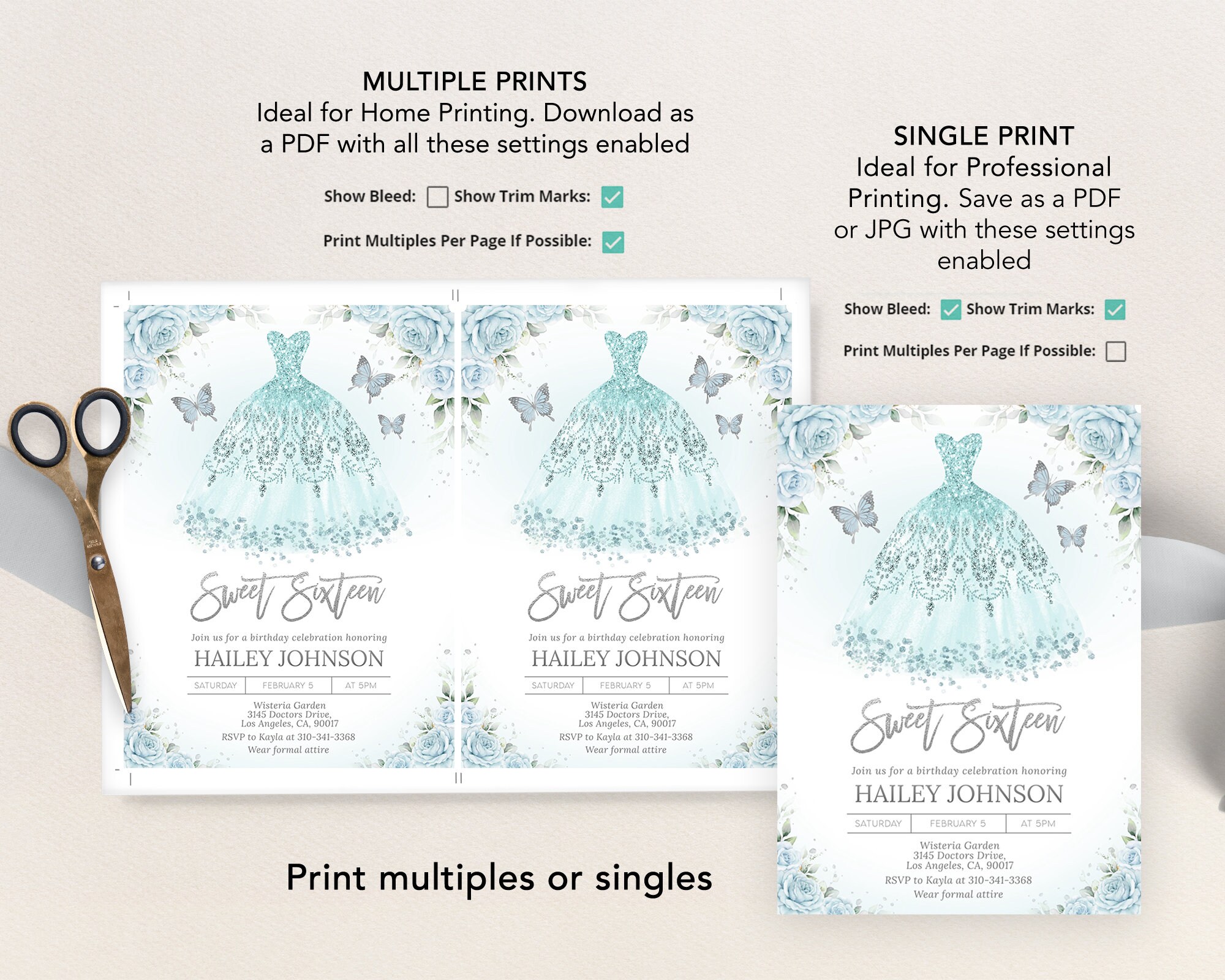 Aqua Blue and Silver Dress Sweet Sixteen Invitation, EDITABLE