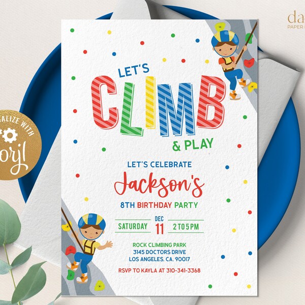 Rock Climbing Birthday Invitation, Editable Indoor Climbing Party Invite, Let's Climb and Play, Boys Adventure Party, Instant Download KP160