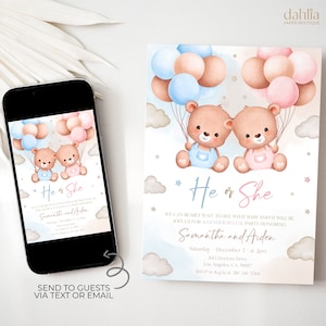 Invitación de revelación de género de osos de peluche EDITABLE, invitación de revelación de género en globo aerostático, tarjeta de fiesta para niño o niña, ducha DIY para él o ella GR045