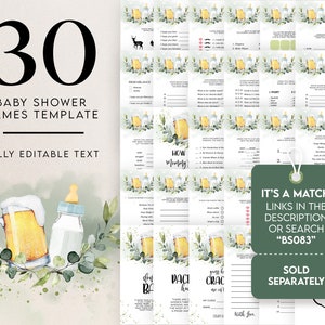 May include: A set of 30 printable baby shower game templates featuring a watercolor illustration of a beer mug and a baby bottle with green leaves. The text "It's a Match! Links in the description or search "BS083"" is on a green tag. The text "Sold Separately" is below the tag.