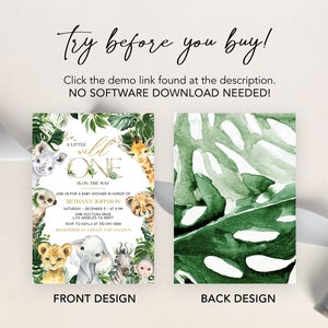 May include: A green and gold baby shower invitation with a jungle theme. The invitation features a variety of jungle animals, including a lion, elephant, giraffe, and monkey. The text on the invitation reads "A Little Wild One is on the Way".