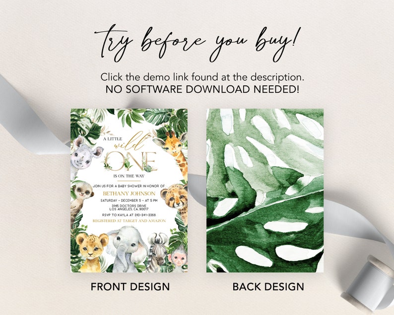 May include: A green and gold baby shower invitation with a jungle theme. The invitation features a variety of jungle animals, including a lion, elephant, giraffe, and monkey. The text on the invitation reads "A Little Wild One is on the Way".