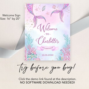 May include: A printable welcome sign for a 6th birthday party with a mermaid theme. The sign is pink and blue with a mermaid tail, seashells, and a starfish. The text on the sign reads "Welcome to Charlotte's 6th Birthday 12.05.2022".