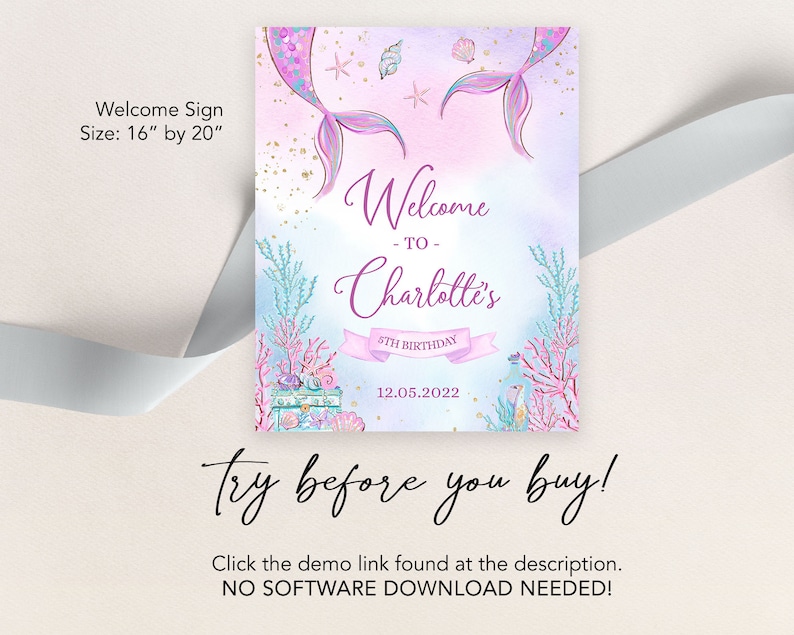 May include: A printable welcome sign for a 6th birthday party with a mermaid theme. The sign is pink and blue with a mermaid tail, seashells, and a starfish. The text on the sign reads "Welcome to Charlotte's 6th Birthday 12.05.2022".