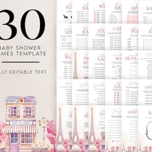 EDITIERBARE 30 Paris Baby Shower Spiele, Bonjour Bébé Spiele Bundle, Party Spiele Set, Eiffelturm, Frankreich, Pariser Cafe, Pink, Instant Download