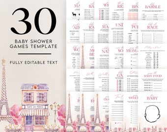 EDITABLE 30 Paris Baby Shower Games, Bonjour Bébé Games Bundle, Party Games Set, Eiffel Tower, France, Parisian Cafe, Pink, Instant Download