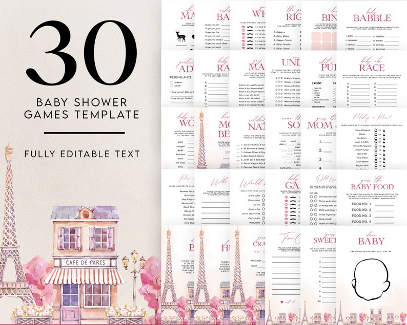 REDIGERBARA 30 Paris Baby Shower-spel, Bonjour Bébé-spelpaket, Partyspelset, Eiffeltornet, Frankrike, Parisiskt café, Rosa, Omedelbar nedladdning bild 1