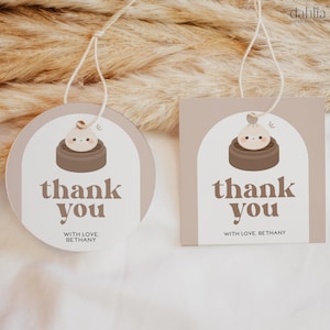 Bola de masa hervida gracias por venir etiqueta de regalo, etiqueta de favor de fiesta Dimsum EDITABLE, plantilla de cumpleaños Bao moderna, etiqueta de regalo redonda neutral beige, BS171