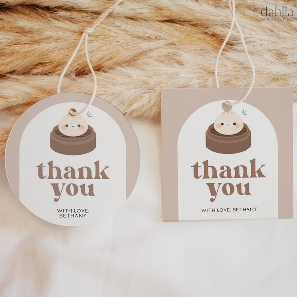 Dumpling Thank You For Coming Gift Tag, EDITABLE Dimsum Party Favor Tag, Modern Bao Birthday Template, Beige Neutral Round Gift Tag, BS171