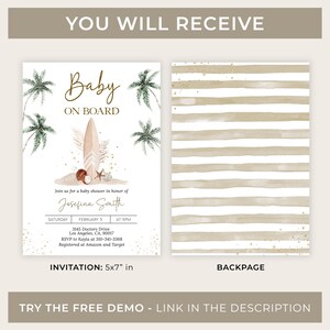 Puede incluir: Invitaci&oacute;n a baby shower con dise&ntilde;o de tabla de surf, palmeras y el texto "Baby On Board". La invitaci&oacute;n mide 12,7 x 17,8 cm. La contraportada tiene un patr&oacute;n de rayas. Tambi&eacute;n se ve el texto "You Will Receive" y "Try the Free Demo - Link in the Description".