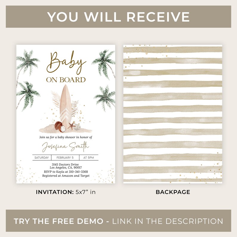 Puede incluir: Invitaci&oacute;n a baby shower con dise&ntilde;o de tabla de surf, palmeras y el texto "Baby On Board". La invitaci&oacute;n mide 12,7 x 17,8 cm. La contraportada tiene un patr&oacute;n de rayas. Tambi&eacute;n se ve el texto "You Will Receive" y "Try the Free Demo - Link in the Description".