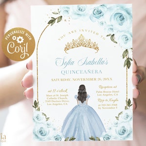 Baby Blue and Gold Arch Quinceañera Invitation, EDITABLE Tiara Rose 15th Birthday Party Template, Mis Quince Anos, Instant Download Q023