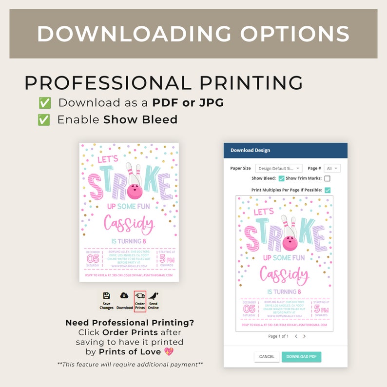 May include: A printable invitation for a bowling-themed birthday party. The invitation features a pink and blue bowling pin with a pink bowling ball and the text "Let's Stroke Up Some Fun Cassidy is Turning 8".