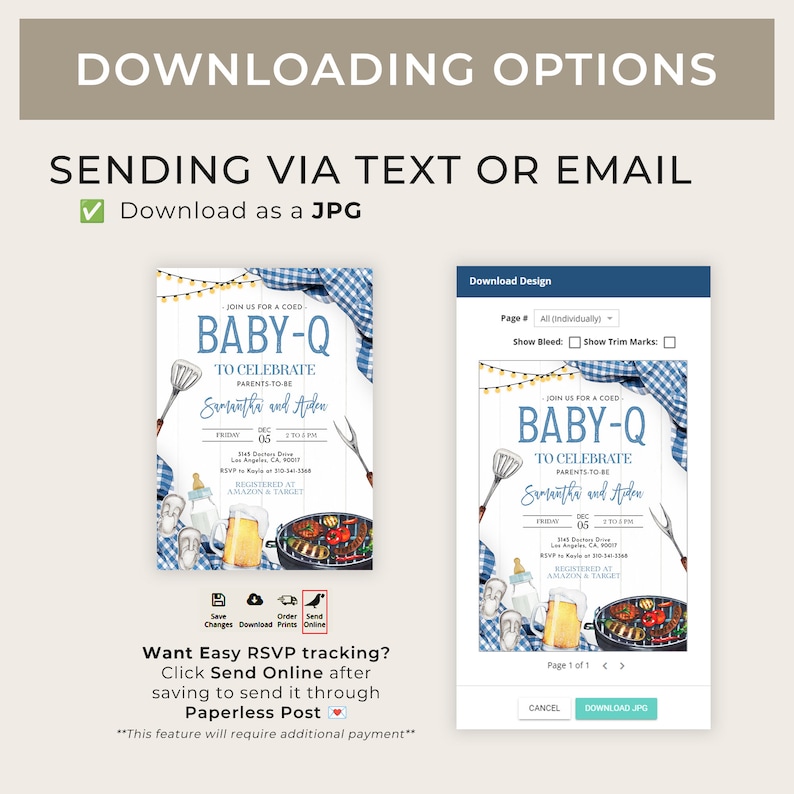 May include: A blue and white baby shower invitation with a barbecue theme. The invitation features a grill, a beer, and a baby bottle. The text on the invitation reads "Join us for a coed Baby-Q to celebrate parents-to-be Samantha and Aiden".