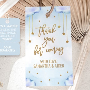 May include: Blue and white thank you tag with gold stars and the text "Thank you for coming" and "With love, Samantha & Aiden".