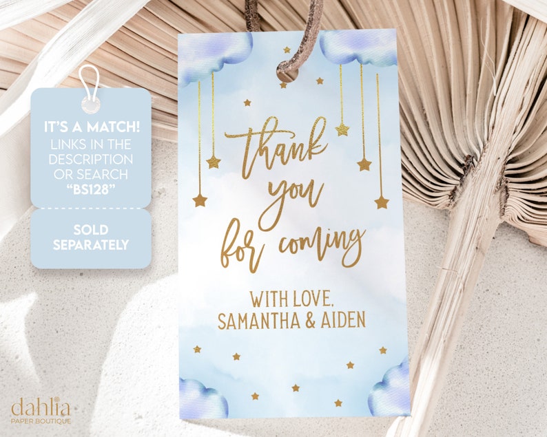 May include: Blue and white thank you tag with gold stars and the text "Thank you for coming" and "With love, Samantha & Aiden".