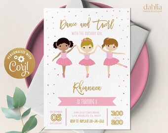 Invito di compleanno ballerina, modello modificabile di invito a una festa per ragazze di balletto, tutù rosa cipria, festa da ballo per bambini, download istantaneo KP088