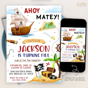 Piraat verjaardagsuitnodiging, BEWERKBARE Piratenschip partij uitnodigen, schatkaart sjabloon, afdrukbare Captain Crew uitnodigen, Instant Download, KP331