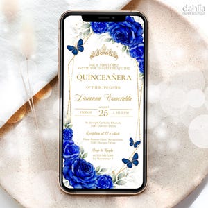 Royal Blue and Gold Quinceañera Digital Invitation, EDITABLE 15th Birthday Mobile Invite, Mis Quince Anos Text Message Instant Download Q097
