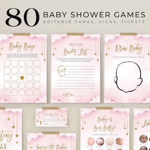 Twinkle Twinkle Little Star 80 Baby Shower Games, EDITABLE Moon and Stars Game Bundle, Games Set, Space, Pink & Gold Instant Download, BS128