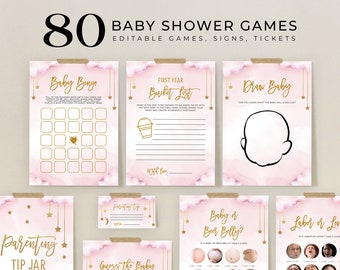 May include: A set of printable baby shower games with a pink and gold color scheme. The games include Baby Bingo, First Year Bucket List, Draw Baby, Parenting Tip Jar, Guess the Baby, Baby or Beer Belly, and Labor or Love. The games are decorated with gold stars and clouds.