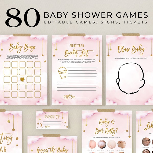 Twinkle Twinkle Little Star 80 Baby Shower Games, EDITABLE Moon and Stars Game Bundle, Games Set, Space, Pink & Gold Instant Download, BS128