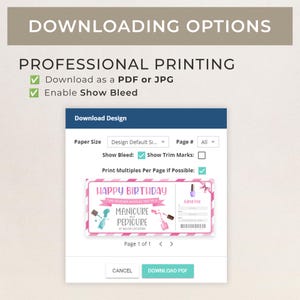 Pu&ograve; includere: Uno screenshot di una pagina di download digitale per un buono regalo di manicure e pedicure stampabile. Il design presenta uno schema di colori rosa e blu con il testo "Buon compleanno" e un'immagine di cartone animato di un flacone di smalto per unghie. La pagina include opzioni per scaricare il design come PDF o JPG, abilitare l'estensione del fondo perduto e stampare pi&ugrave; copie per pagina.