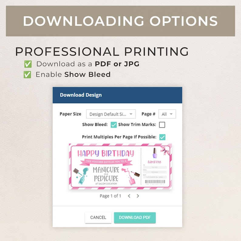 Pu&ograve; includere: Uno screenshot di una pagina di download digitale per un buono regalo di manicure e pedicure stampabile. Il design presenta uno schema di colori rosa e blu con il testo "Buon compleanno" e un'immagine di cartone animato di un flacone di smalto per unghie. La pagina include opzioni per scaricare il design come PDF o JPG, abilitare l'estensione del fondo perduto e stampare pi&ugrave; copie per pagina.