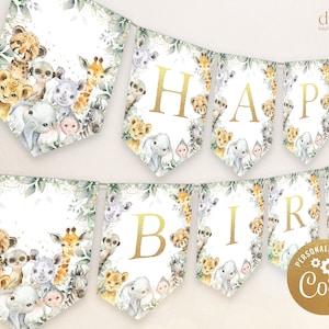 EDITABLE Safari Happy Birthday Banner, Jungle Animals Birthday Banner, Wild One Party Decorations, Safari Animals, Instant Download, KP047