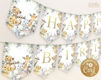 EDITABLE Safari Happy Birthday Banner, Jungle Animals Birthday Banner, Wild One Party Decorations, Safari Animals, Instant Download, KP047