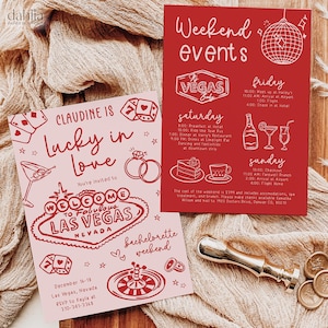 Puede incluir: Una invitación y un itinerario para un fin de semana de despedida de soltera. La invitación es de color rosa claro con gráficos y texto en rojo, incluyendo dados, anillos y una ruleta. El itinerario es rojo con texto y gráficos blancos.