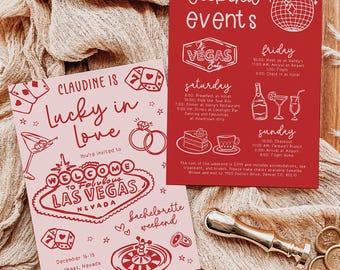 Lucky In Love Bachelorette Invitation Itinerary Template, Las Vegas Bachelorette Weekend, Hand Drawn Whimsical Casino Bach Party, BC014