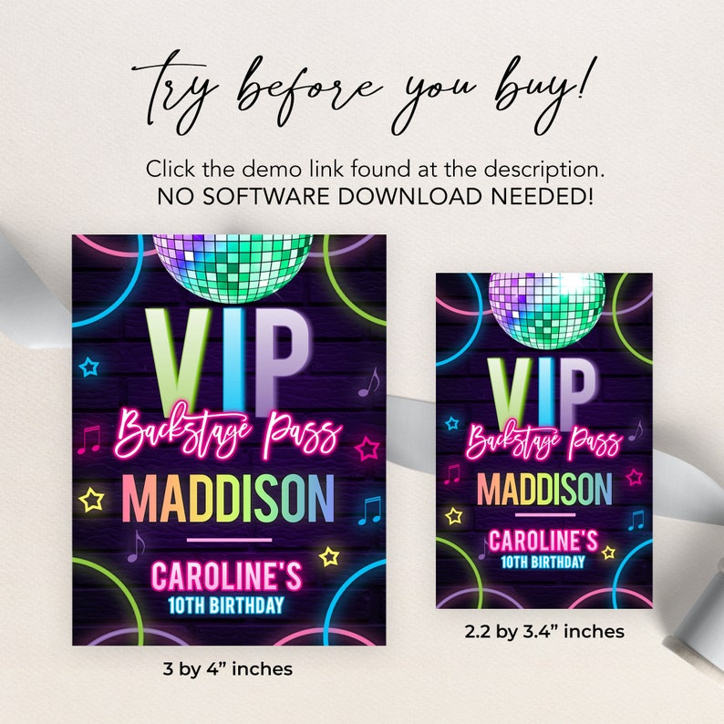 Disco Party VIP Backstage Pass Template, Editable Rainbow Glow Neon VIP ...