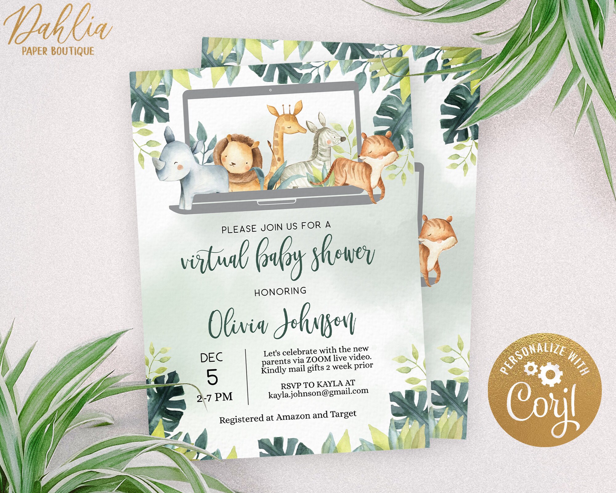 Safari Tiere grün virtuelle Baby-Dusche einladen grün | Etsy