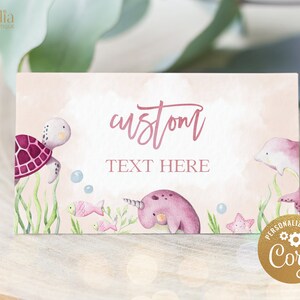 Bajo la plantilla de etiquetas de comida de mar, tarjeta de lugar de fiesta de animales del océano, cumpleaños náutico o tarjeta de tienda rosa de baby shower, descarga instantánea KP095