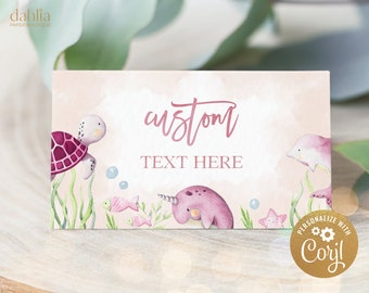Under The Sea Food Labels Template, Ocean Animals Party Place Card, Nautical Birthday or Baby Shower Pink Tent Card, Instant Download KP095