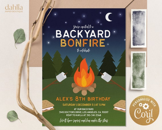 Editable Bonfire Birthday Invitation Template, Bonfire Party Invite ...
