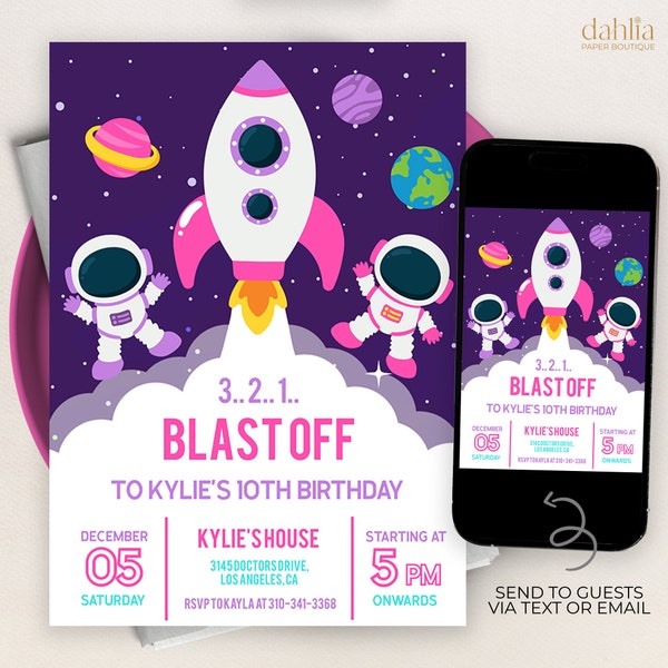 EDITABLE Space Birthday Party Invitation, Galaxy Party Invitation Template, Girl Space Birthday, Astronaut, Space, Instant Download KP046