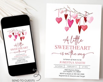 Valentine Baby Shower Invitation, Editable A Little Sweetheart Baby Shower Invite, Pink Red Hearts Invite Printable, Instant Download, BS220