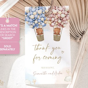 May include: Thank you card with a watercolor background featuring two teddy bears in hot air balloons made of pastel pink and blue balloons. The text reads "thank you for coming" with the names Samantha and Aiden below.