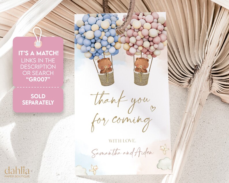 May include: Thank you card with a watercolor background featuring two teddy bears in hot air balloons made of pastel pink and blue balloons. The text reads "thank you for coming" with the names Samantha and Aiden below.