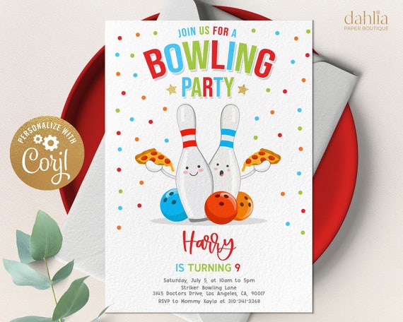 Bowling and Pizza Birthday Invitation, Editable Boys Party Invite