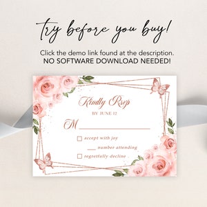 Puede incluir: Una tarjeta RSVP blanca con un marco geom&eacute;trico dorado y un dise&ntilde;o floral rosa. El texto "Kindly RSVP" est&aacute; impreso en negro con la fecha "BY JUNE 12". Hay tres opciones para elegir: "accept with joy", "number attending" y "regretfully decline".
