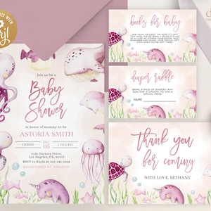 May include: A pink and white baby shower invitation with a watercolor illustration of an octopus, whale, dolphin, turtle, jellyfish, and narwhal. The text reads "Join us for a Baby Shower in honor of mommy-to-be Astoria Smith, Friday, December 05, 2 to 5 PM, 3145 Doctors Drive, Los Angeles, CA, 90017, RSVP to Kayla at 310-341-3368, Registered at Amazon".