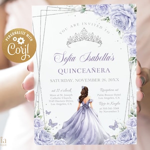 Invitación EDITABLE Lila Púrpura y Plata Quinceañera, Plantilla Fiesta Mariposa, Dulce 16 Cumpleaños Niña Tiara, Floral Mis Quince Anos Q043