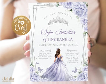 EDITABLE Lilac Purple and Silver Quinceañera Invitation, Butterfly Party Template, Sweet 16 Birthday Girl Tiara, Floral Mis Quince Anos Q043